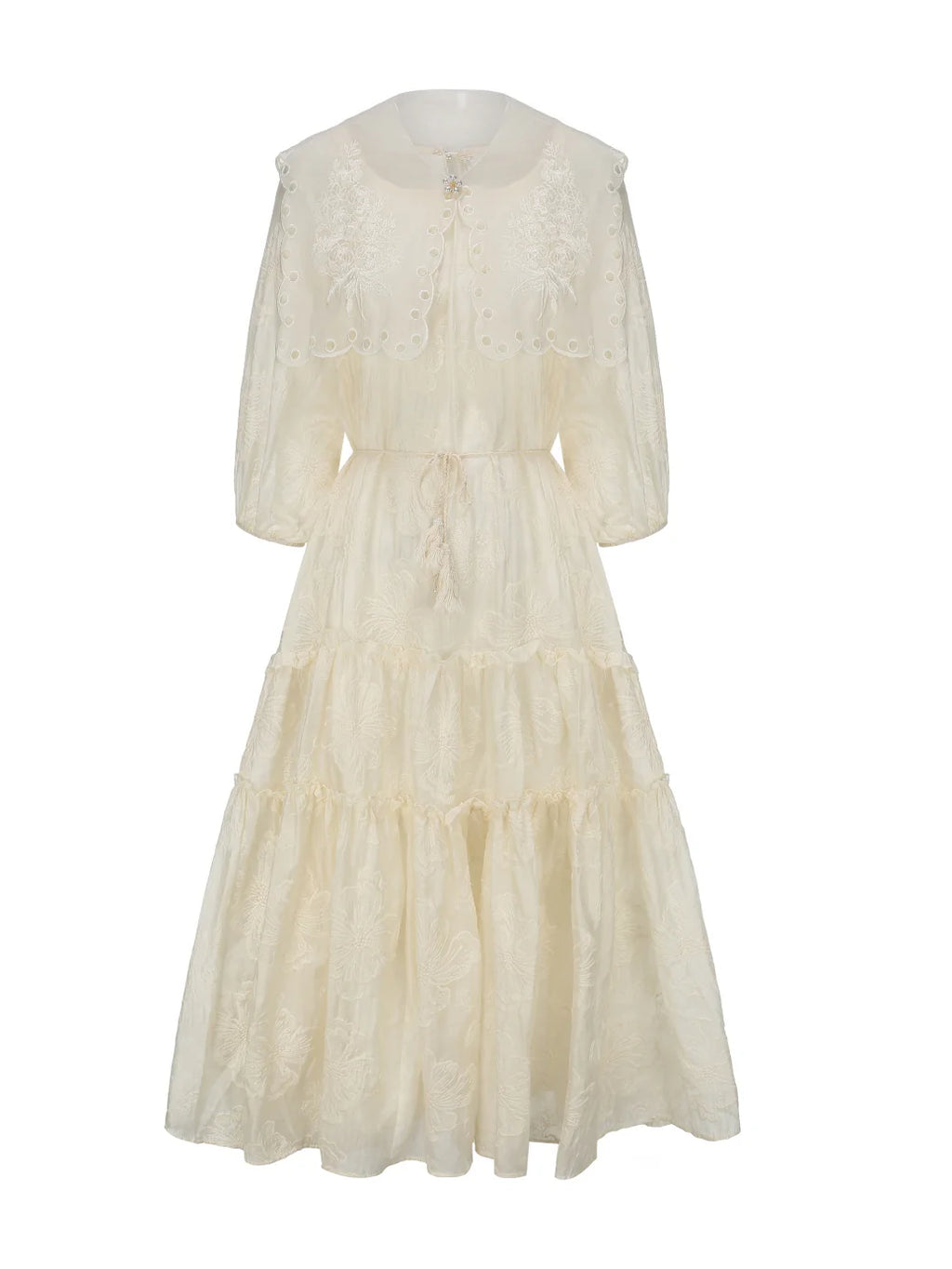 Embroidered Shawl Collar Tiered Dress