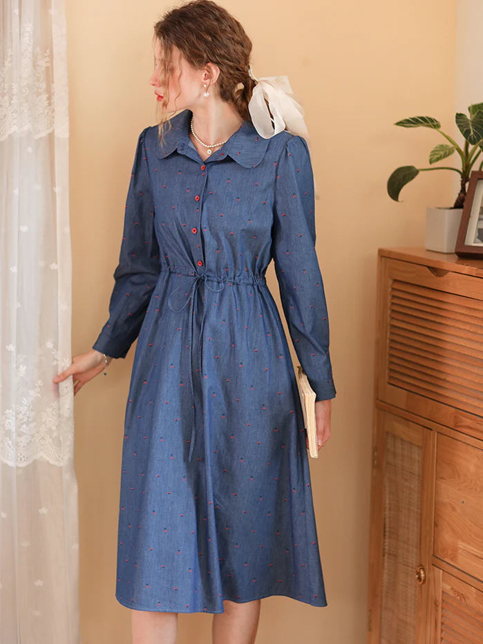 Cherry Embroidered Blue Cotton Dress