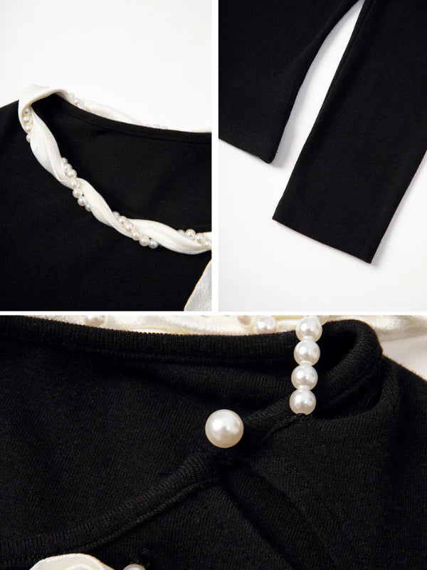 Elegant Pearl-Trimmed Bow Knit Top