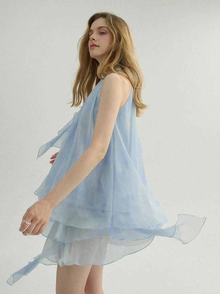 Ethereal Blue Ruffle Rose Halter Top