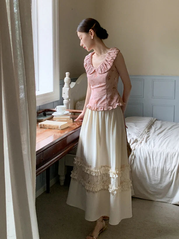 Ivory Ribbon Shoulder Ruffle Top & Skirt