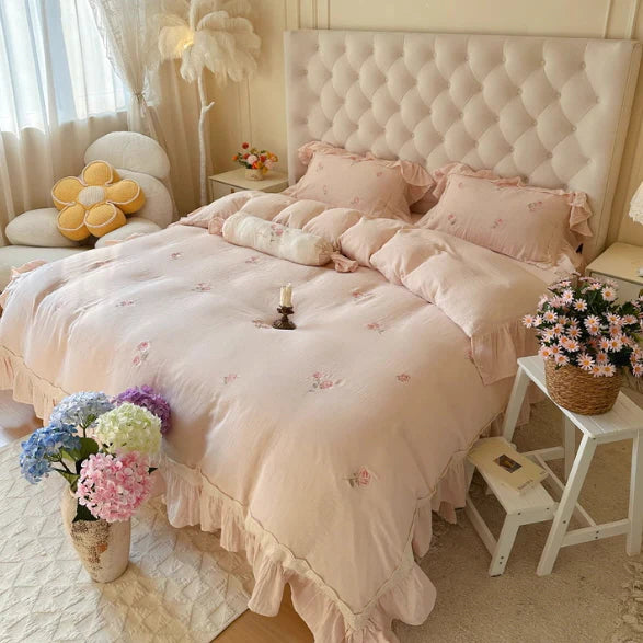 Romantic Pink Rose Cotton Bedding Set