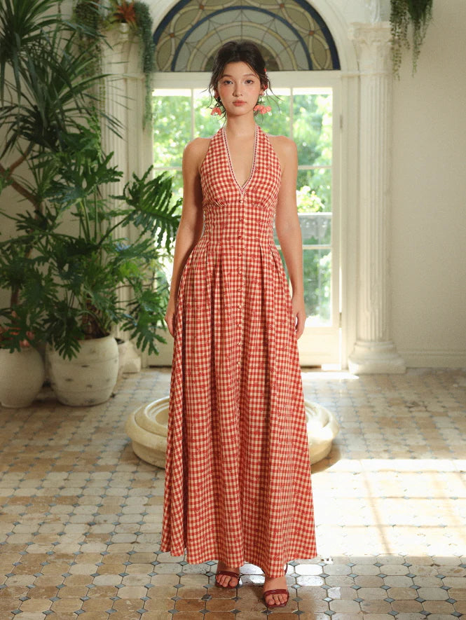 Romantic Gingham Red Check Halter Dress