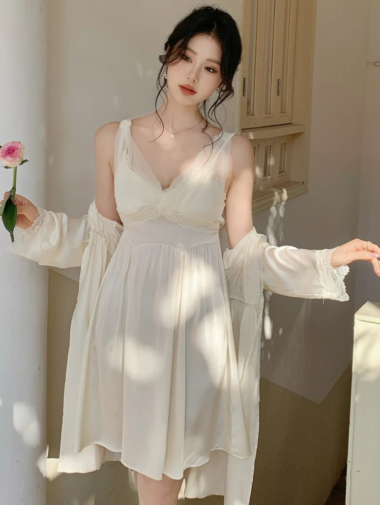 Ethereal Lace Cream Nightdress Set