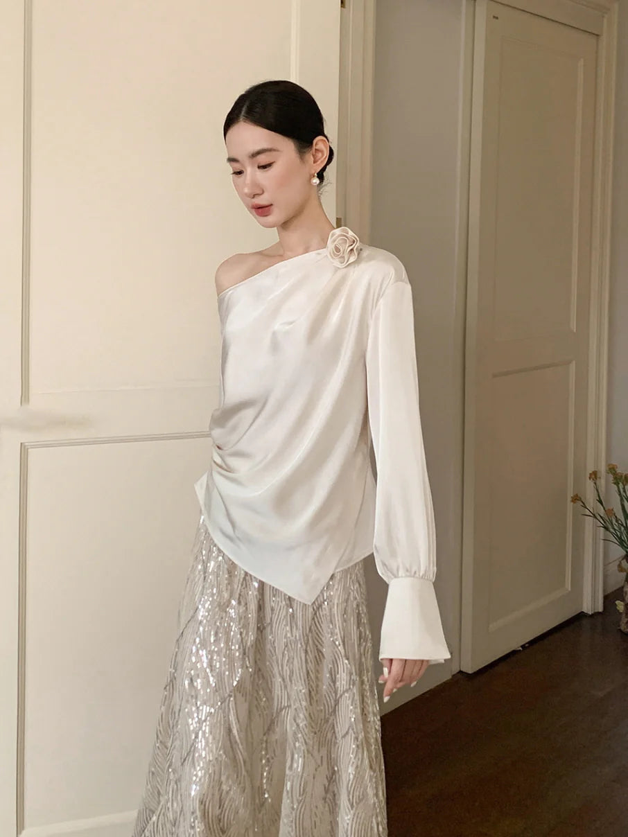 Off-Shoulder Flower Accent Blouse