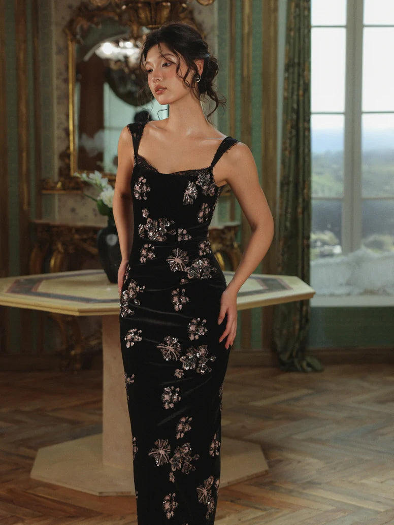 Black Velvet Sequin Floral Dress