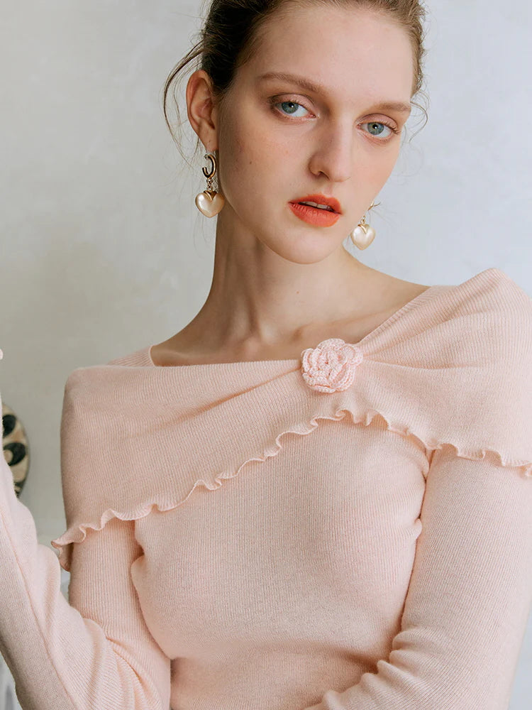 Rosette Charm Asymmetrical Knit Top