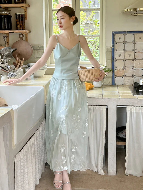 Whispering Petal Satin Top & Embroidered Tulle Skirt