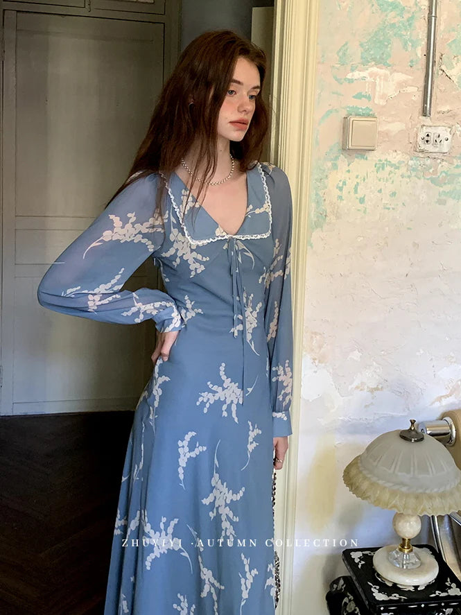 Blue Floral Retro Maxi Dress