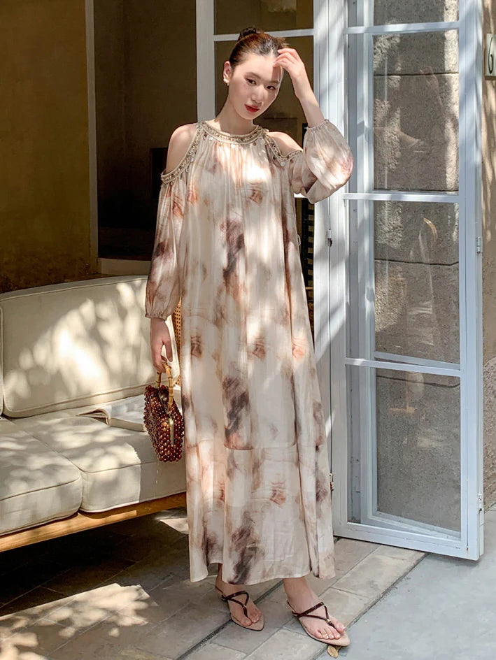 Elegant Cold-Shoulder Tie-Dye Dress