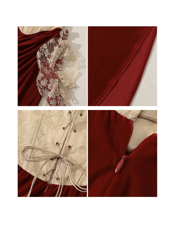 Rose Embellished Gold Corset Velvet Dress