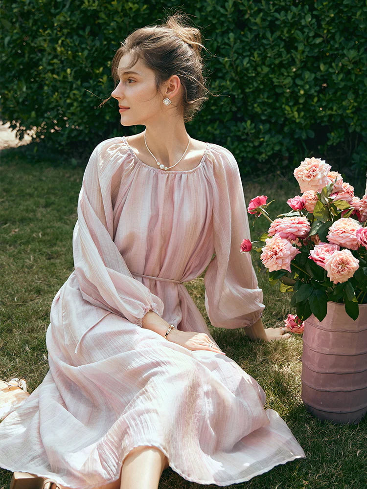 Ethereal Blush Striped Chiffon Dress