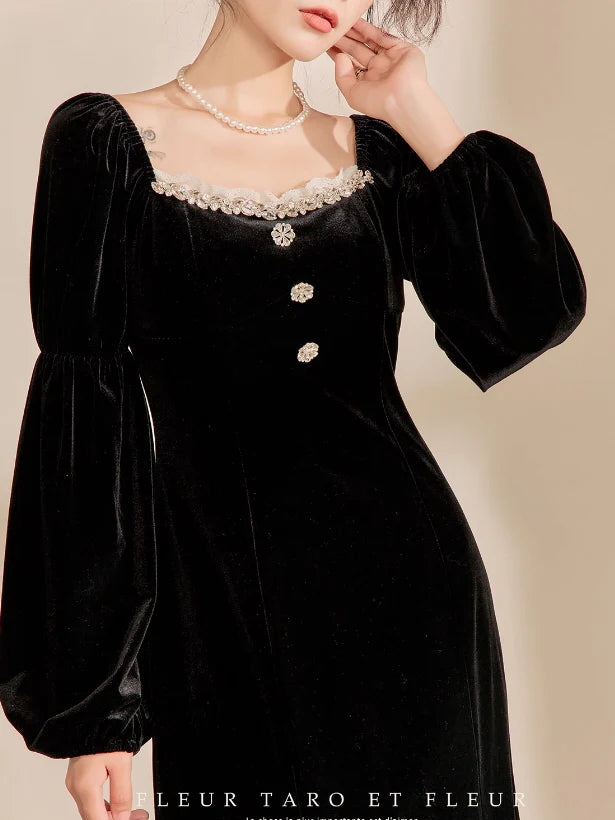Victorian Elegance Black Velvet Dress