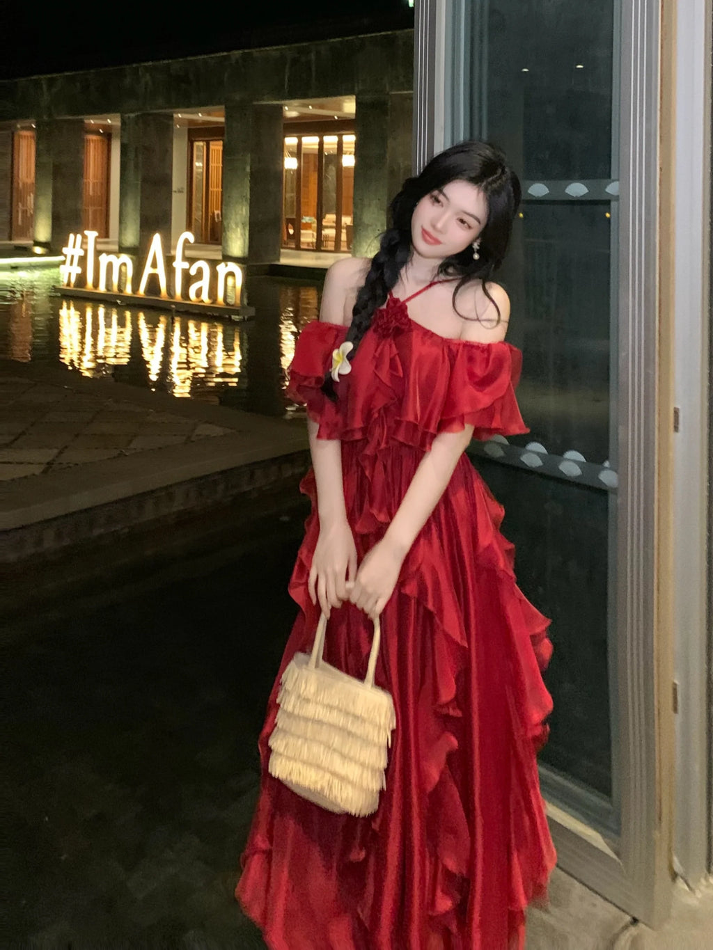 Scarlet Ruffle Off-Shoulder Chiffon Dress