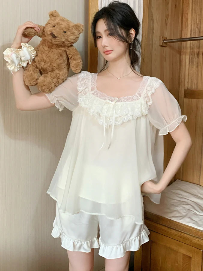 Blush Ruffle Lace Chiffon Pajama Set