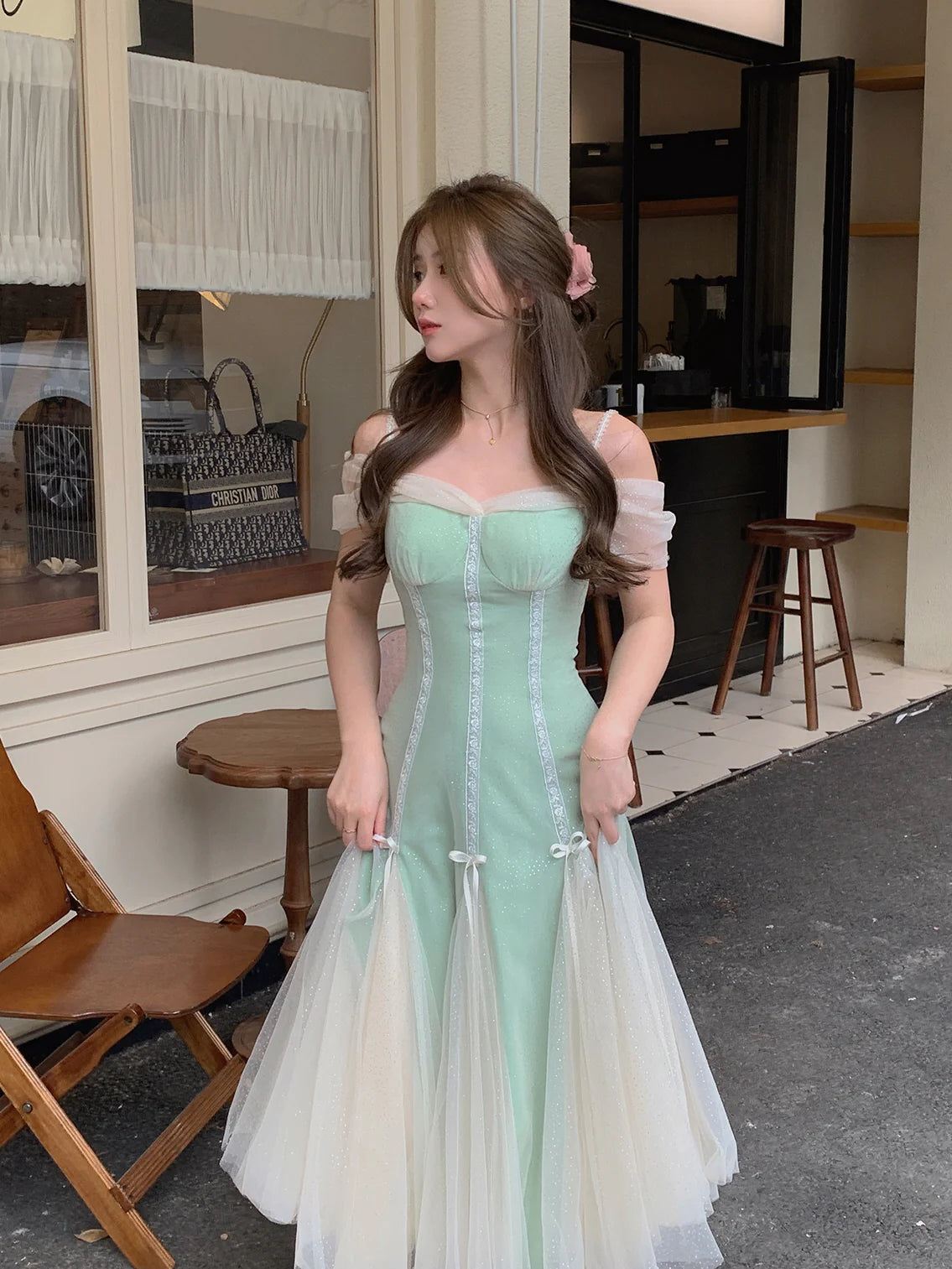 Evelyn's Mint Princess Slit Mesh Dress