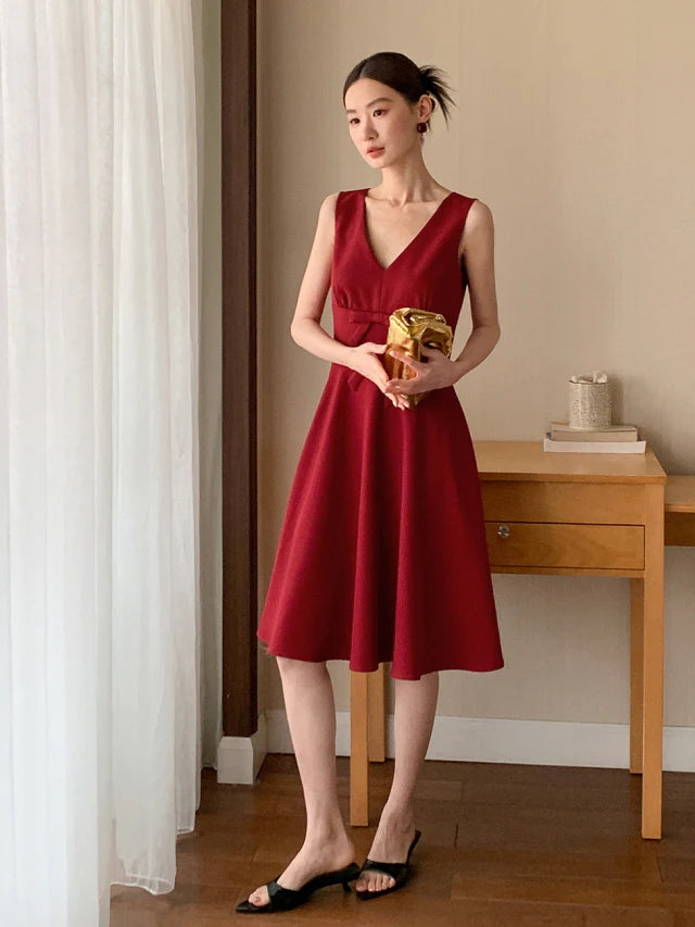 Double Ribbon Waist Classic Flare Dress