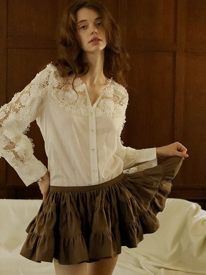 Ethereal Lace Trim Linen-Cotton Blouse
