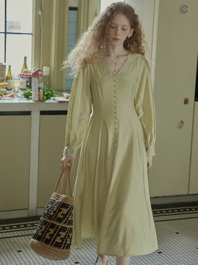 Vintage-Inspired Embroidered Buttoned Dress