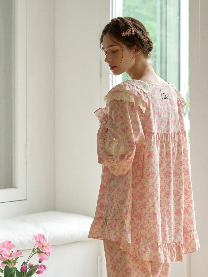 Pink Floral Lace Ruffle Loungewear Set