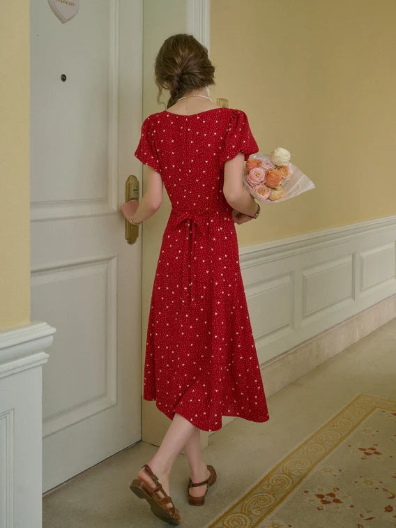Lace Trim Retro Red Dress with Puff Sleeves