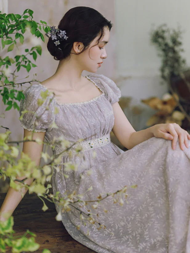 Lavender Bloom Embroidered Waist Dress