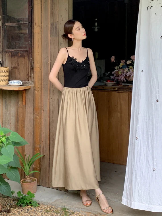 Black Blossom Bodice Two-Tone Dress