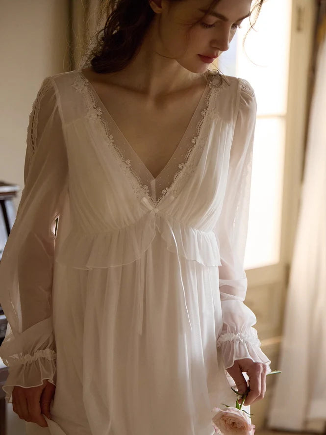 Ethereal Lace Trim Long Sleeve Nightgown