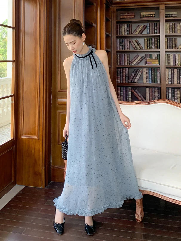 Blue Polka Dot Halter Maxi Dress