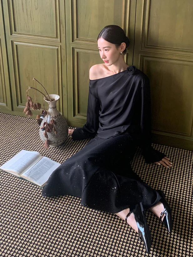 Off-Shoulder Flower Accent Blouse