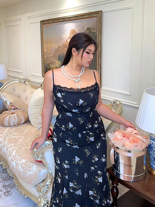 Midnight Bloom Lace Trim Floral Dress