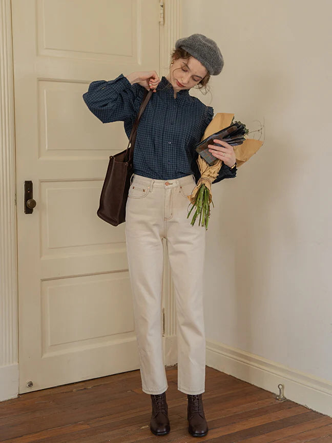 Vintage-Inspired Ruffled Plaid Blouse
