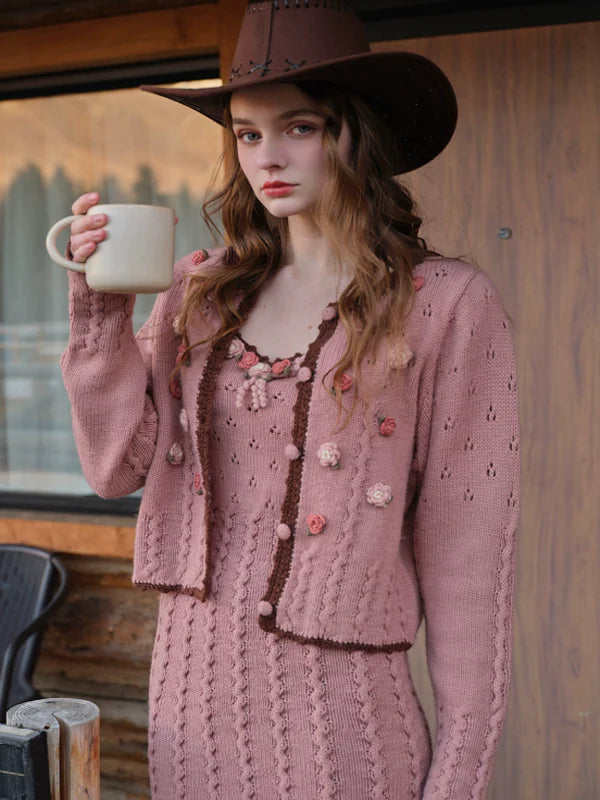 French Vintage Blooming Wool Knit Dress