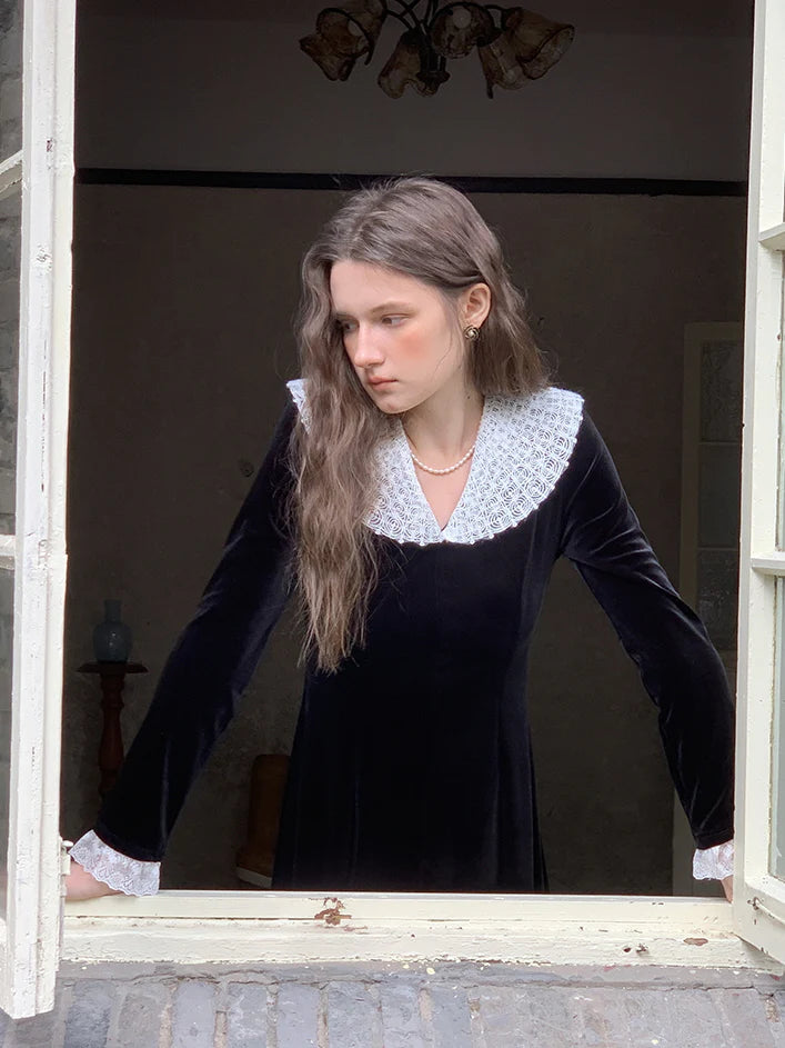 Velvet Elegance Lace Collar Dress