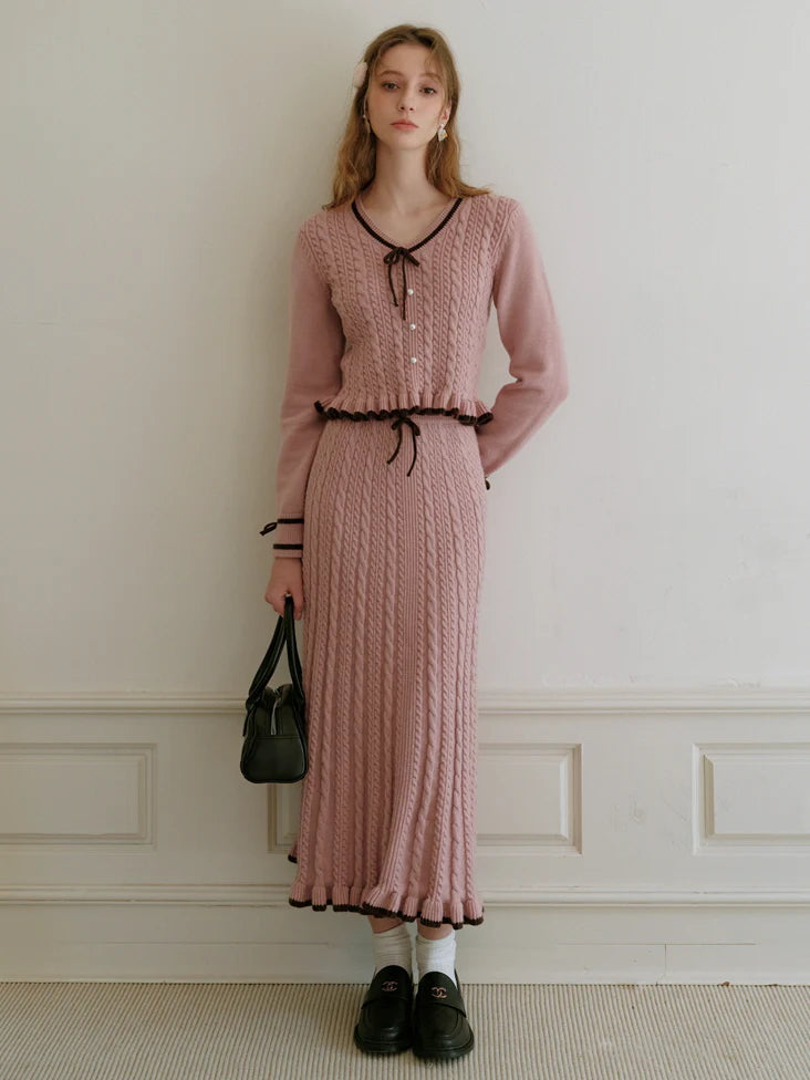 Ribbon Trim Pink Cable Knit Skirt