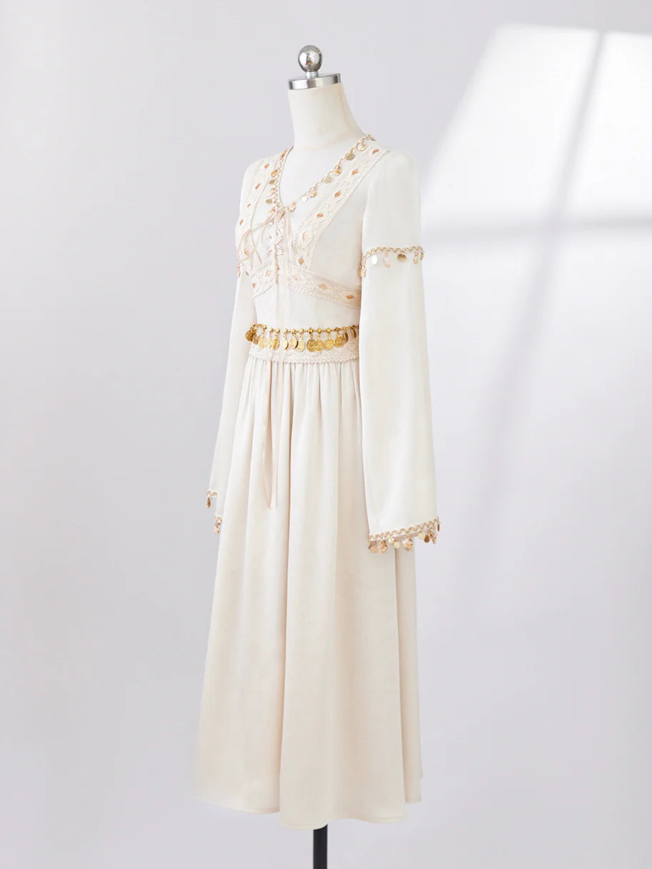 Golden Ethereal Lace-Up Flare Sleeve Chiffon Dress