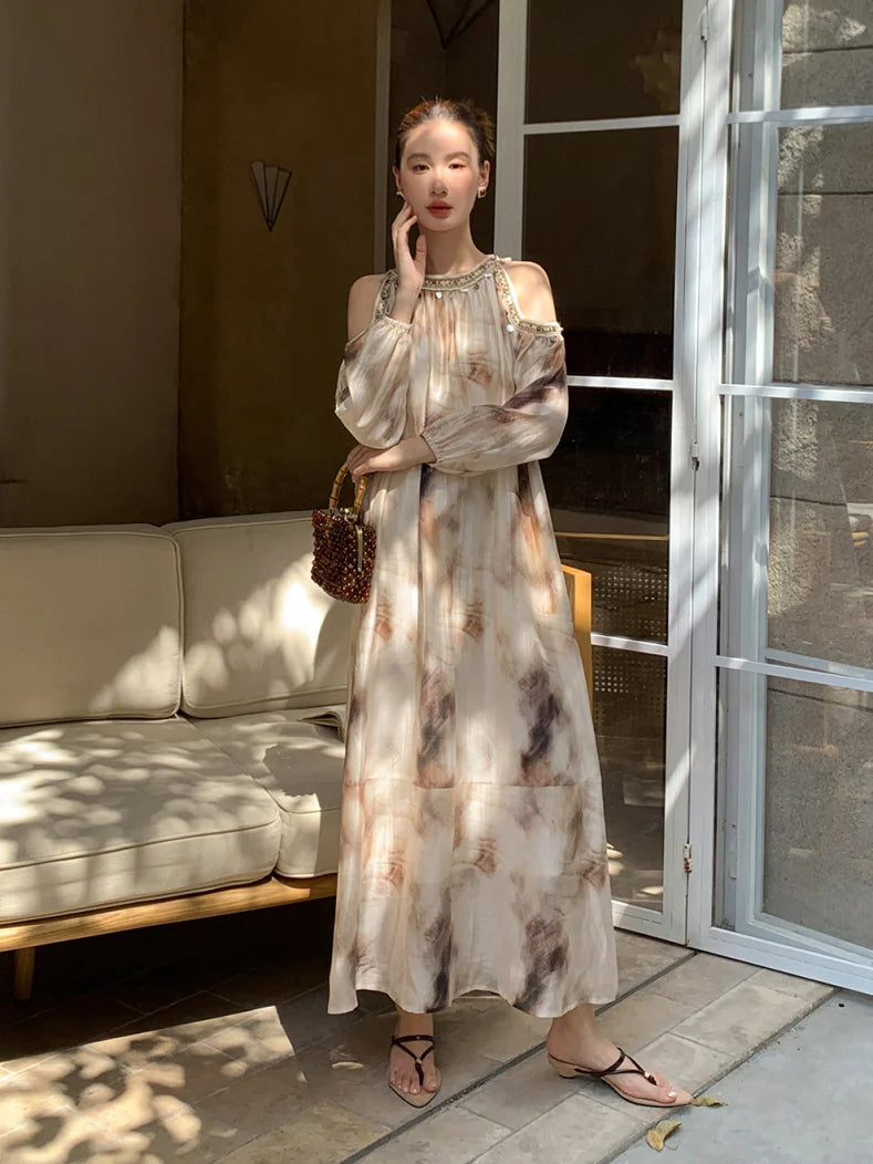 Elegant Cold-Shoulder Tie-Dye Dress