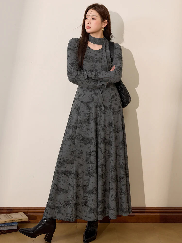 Smoky Marble Flow Dress with Scarf Accent