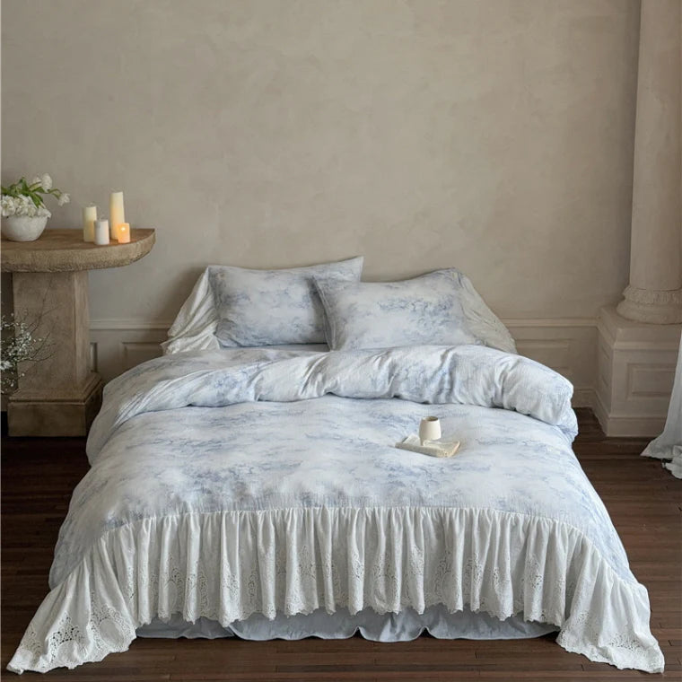 Watercolor Blue Lace Ruffle Bedding Set