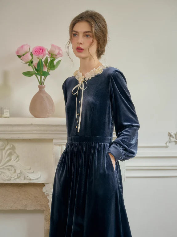 Velvet Rose Collar Blue Dress