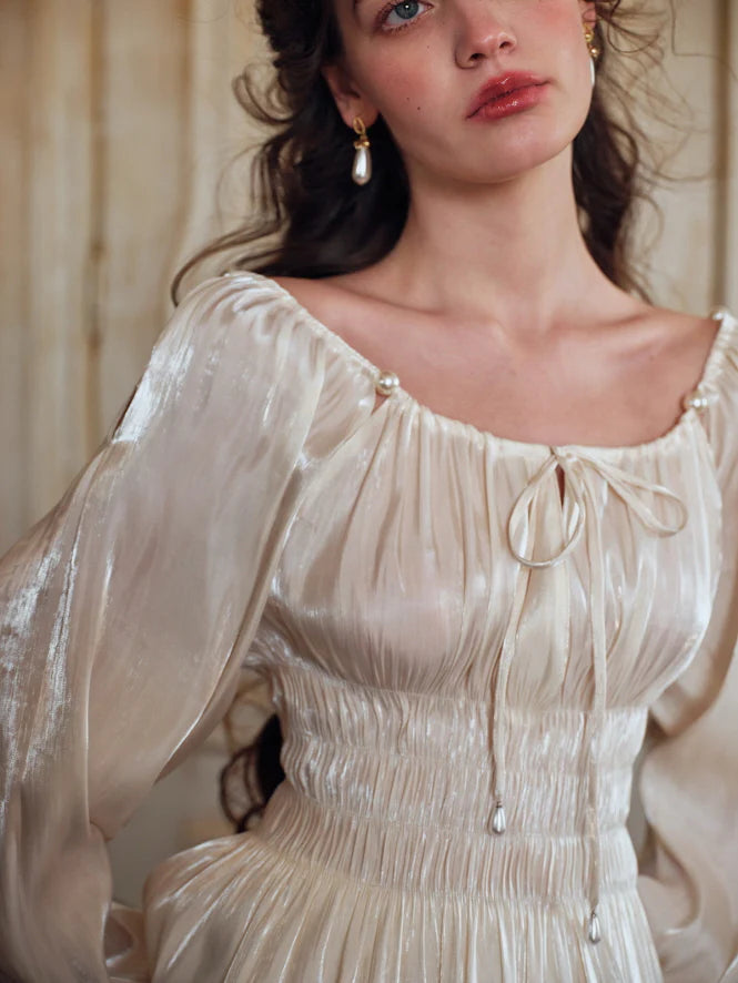 Pearl Ribbon Shirred Ivory Blouse