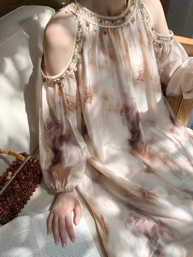 Elegant Cold-Shoulder Tie-Dye Dress