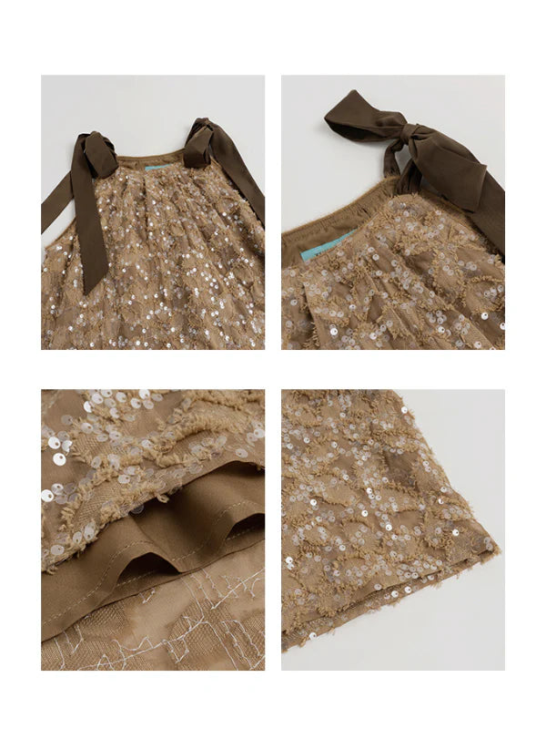 Golden Sequin Ribbon Strap Dress