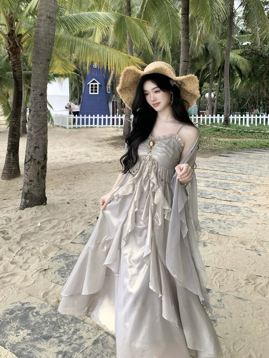 Vintage Brooch Elegance Ruffled Gown