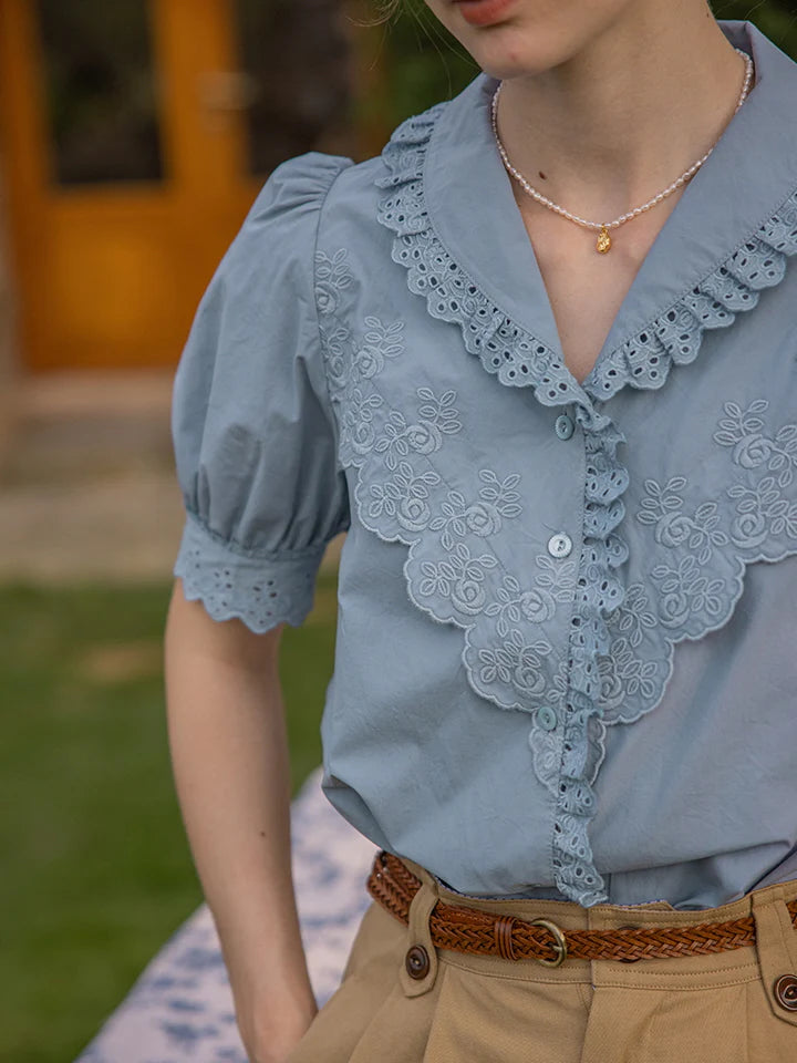 Blue Embroidery Collar Cottage Blouse