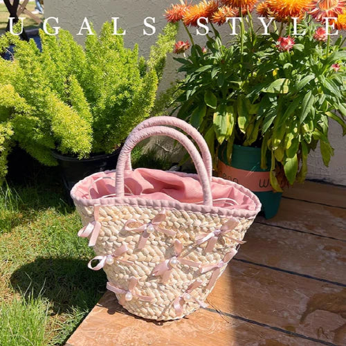 Summer Vacation Straw Ribbon Tote Bag