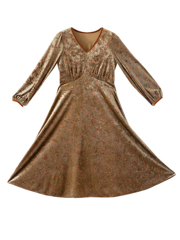 Elegant Autumn Vintage Velvet Floral Dress