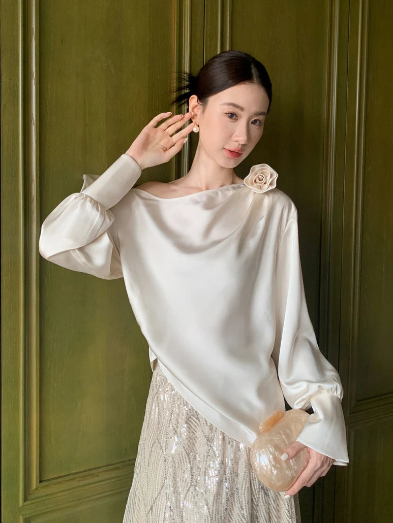 Off-Shoulder Flower Accent Blouse