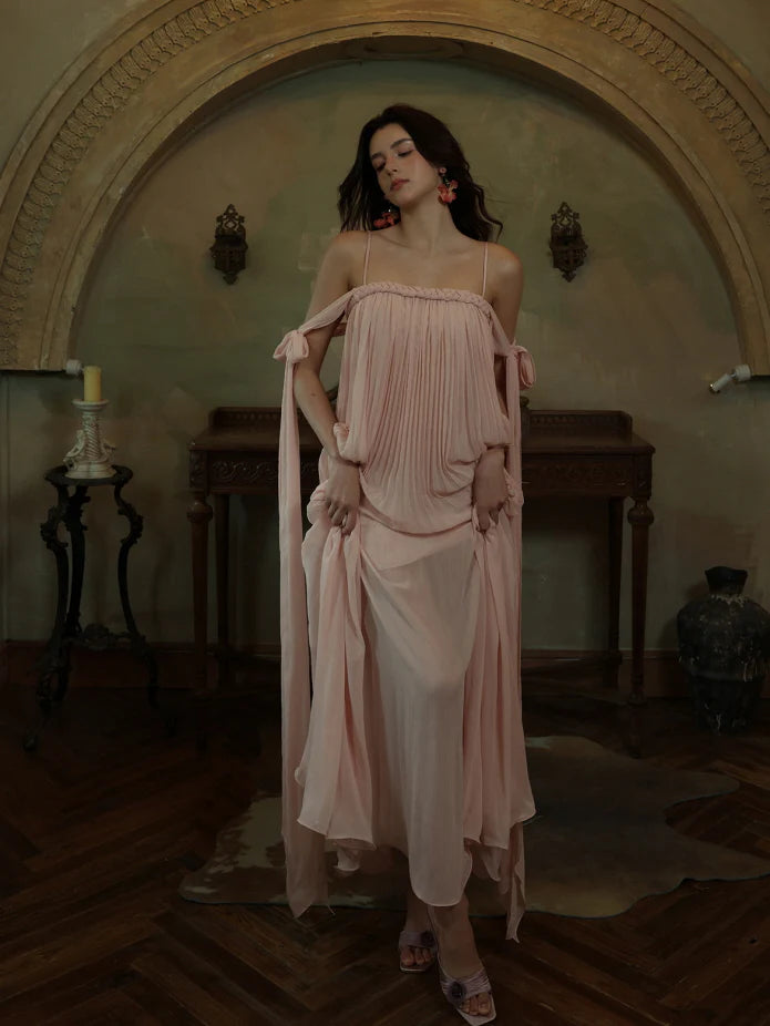 Off-Shoulder Blush Pleated Ribbon Dress