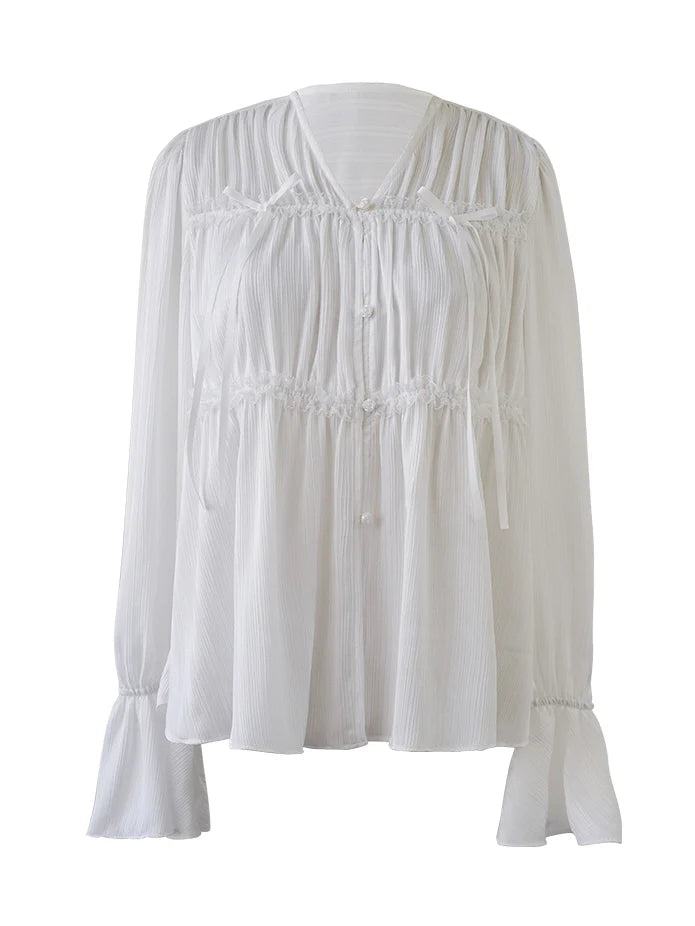 Ethereal White Pleated Chiffon Blouse